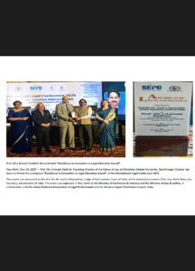Prof. (Dr.) Avinash Dadhich Honored with Excellence in Innovation in Legal Education Award